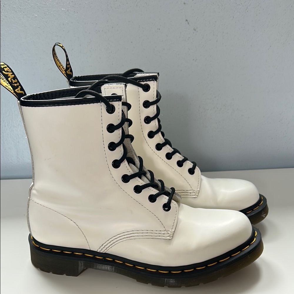 Dr. Martens White Leather Combat Boots with Black Trim
